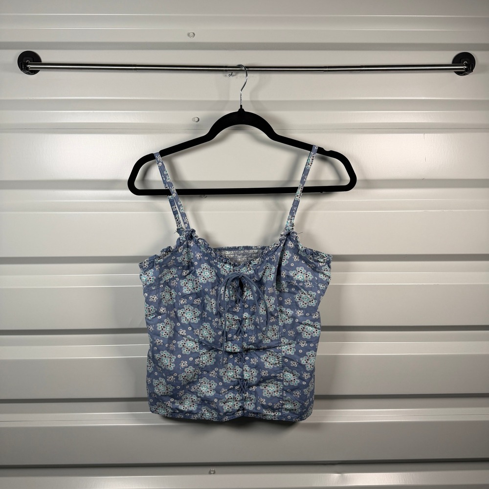 Faded Glory Womens Blue Floral Lace Up Corset Cami Top Ruffle Smocked Y2K Boho